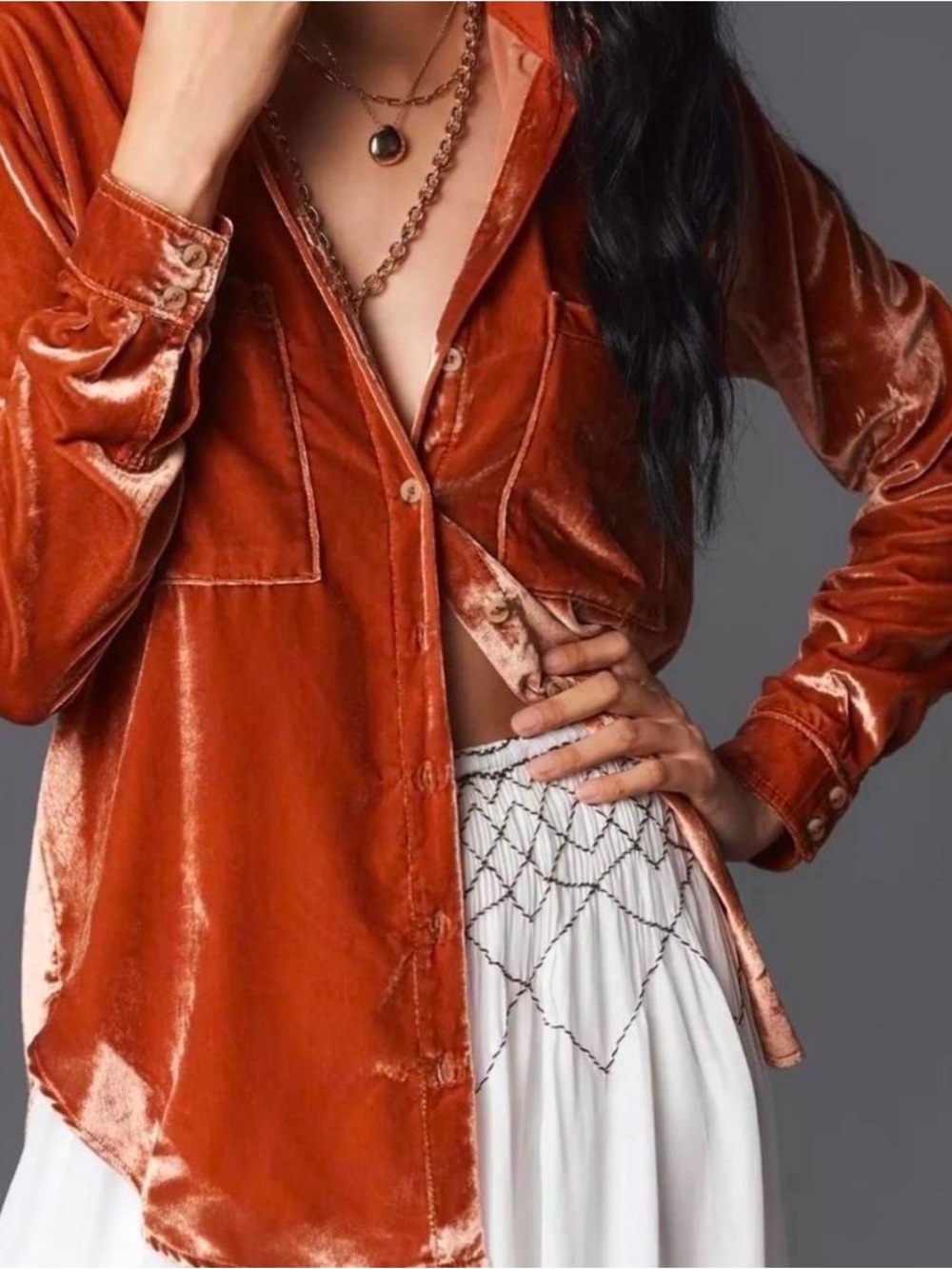 Pilcro by Anthropologie  Rust Velvet Button-Front Shirt - Women's Size Small - Picture 3 of 15
